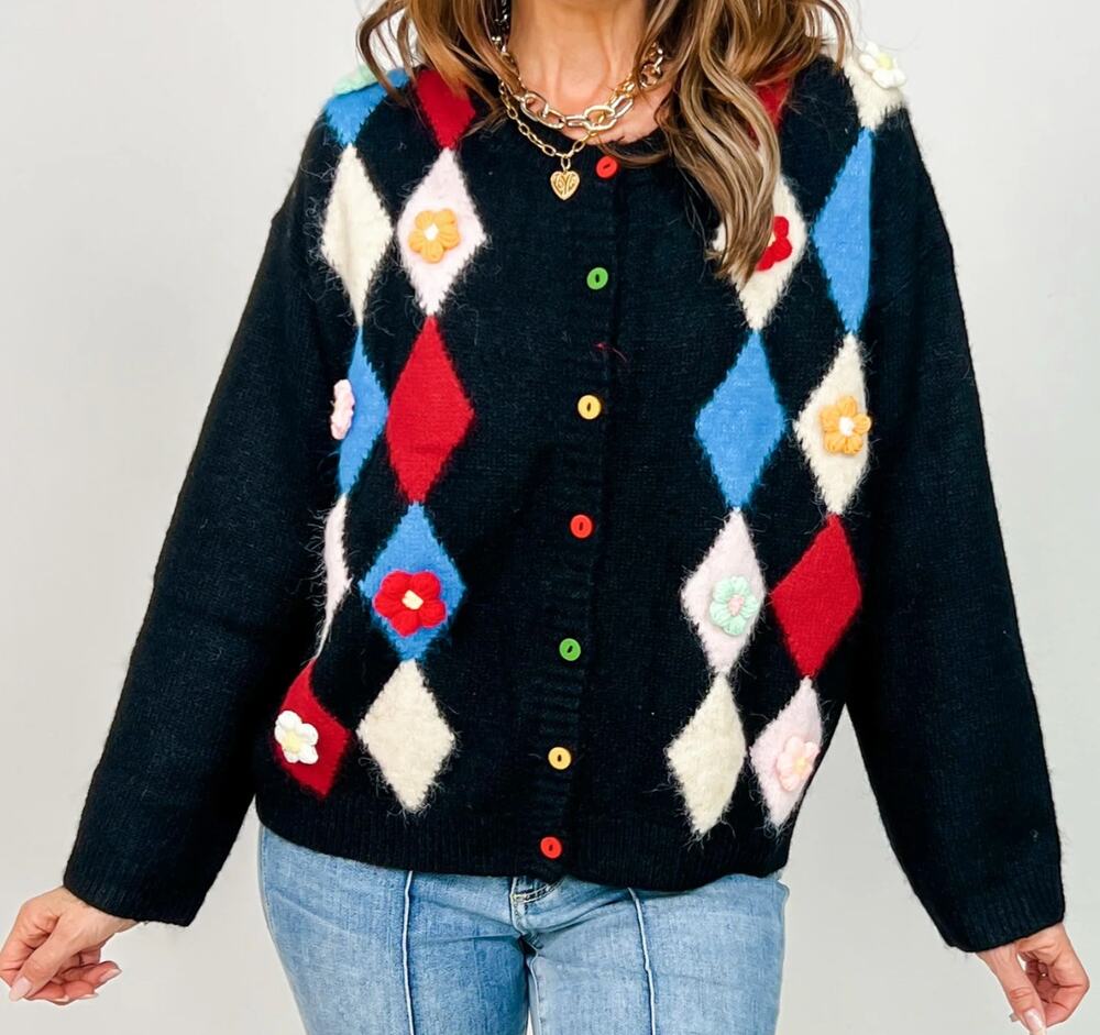 POL Argyle Diamond Floral Cardigan Black Knit Button Front Sweater Size Small